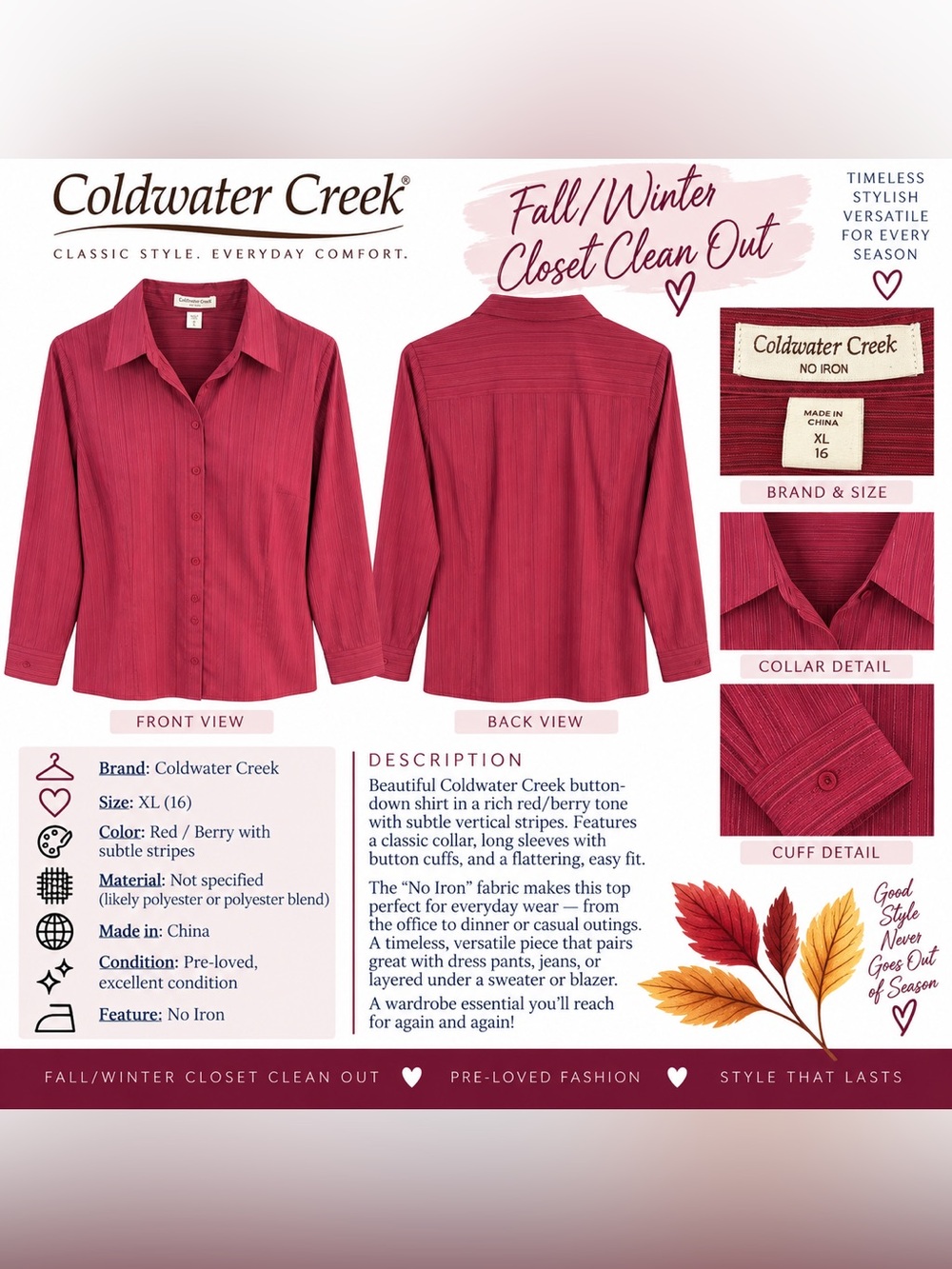 Coldwater Creek Women's Berry-Red Button Front Shirt Jacket